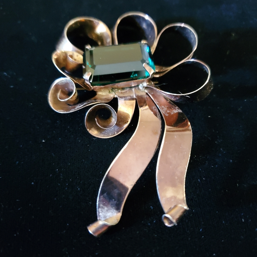 Vintage Sterling Dark Green Loopy Bow Brooch